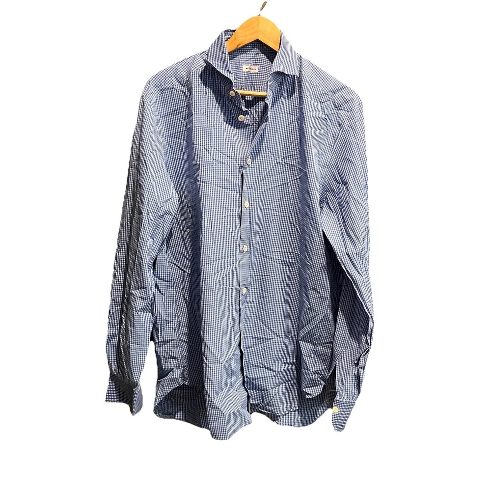 Kiton Blue Check Cotton Long Sleeve Men's Button Down Shirt Size 17 | 43